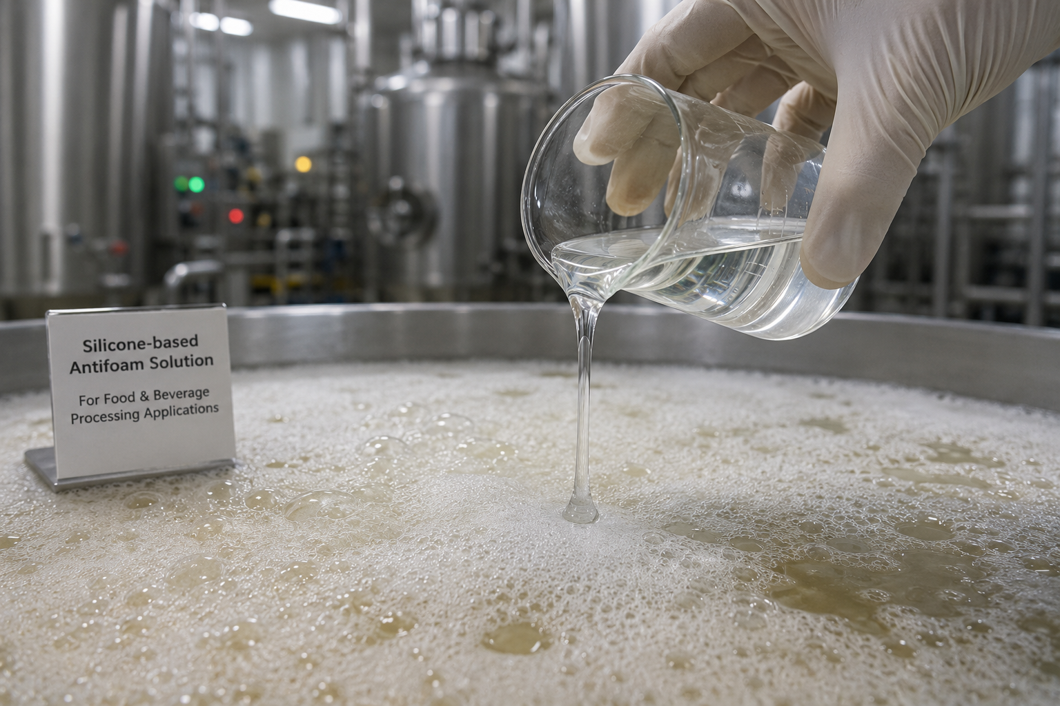 Industrial fermentation tanks in a food processing facility with foam control systems in operation