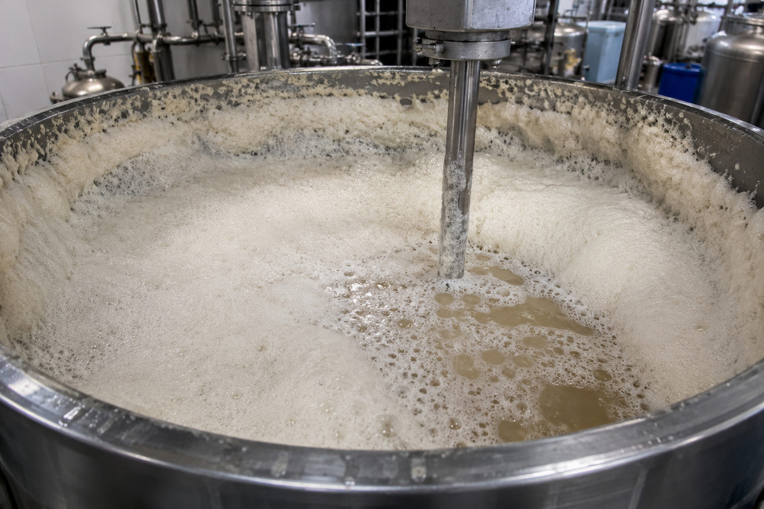 Industrial fermentation Industrial fermentation tanks in a food processing facility with foam control systems in operation