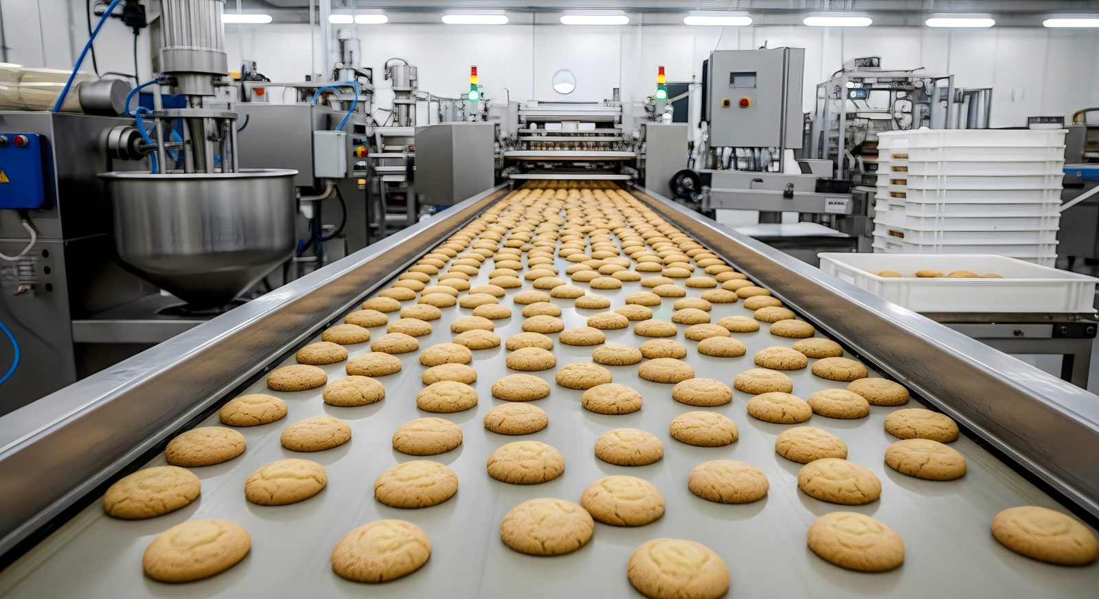 Cookies moving along a conveyor in a food manufacturing facility, illustrating consistent batch quality supported by reliable emulsifier and colorant suppliers