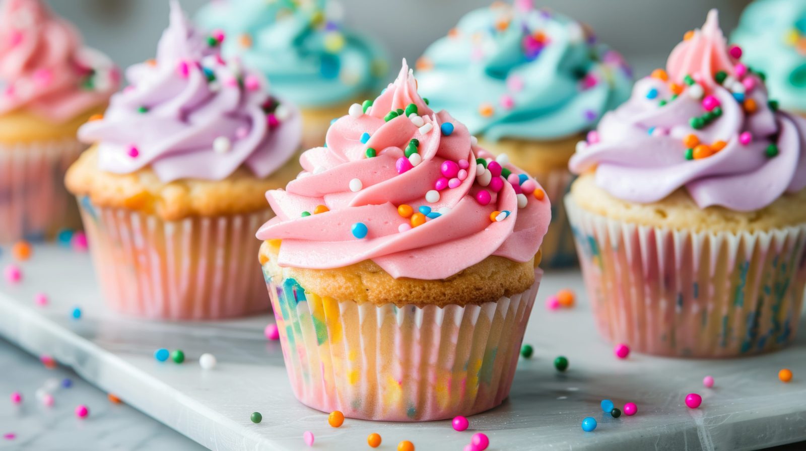 Frosted cupcakes with smooth pink, lavender, and blue icing, showing the creamy texture and consistent color achieved with food emulsifiers and colorants