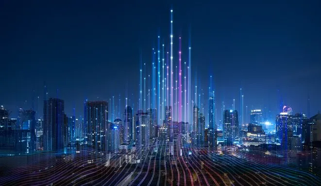 Smart city and abstract dot point connect with gradient line Smart city and abstract dot point connect with gradient line
