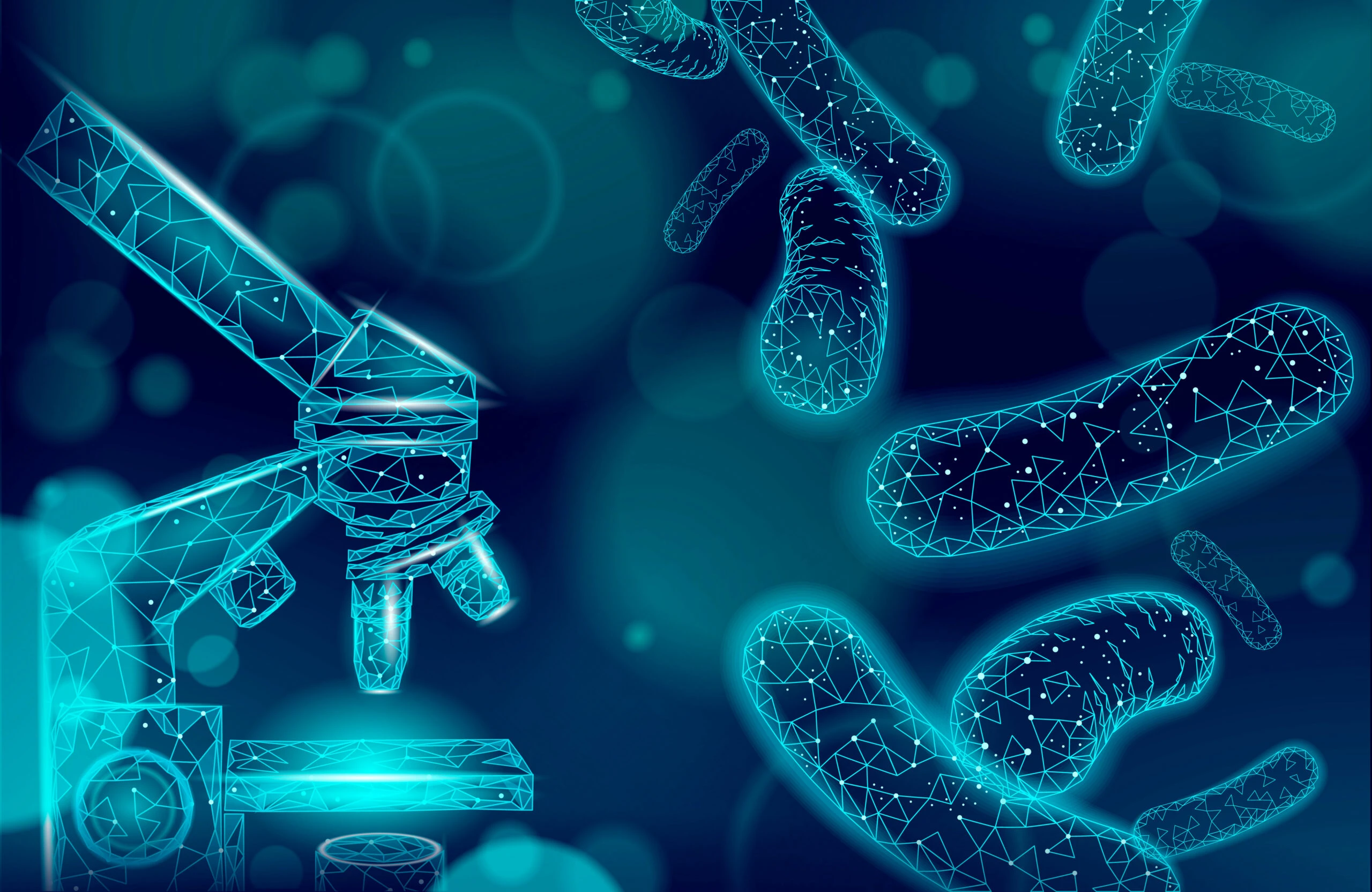 Bacteria microscope 3D low poly render probiotics. Healthy normal digestion flora of human intestine yoghurt production. Modern science medicine allergy immunity thearment vector illustration