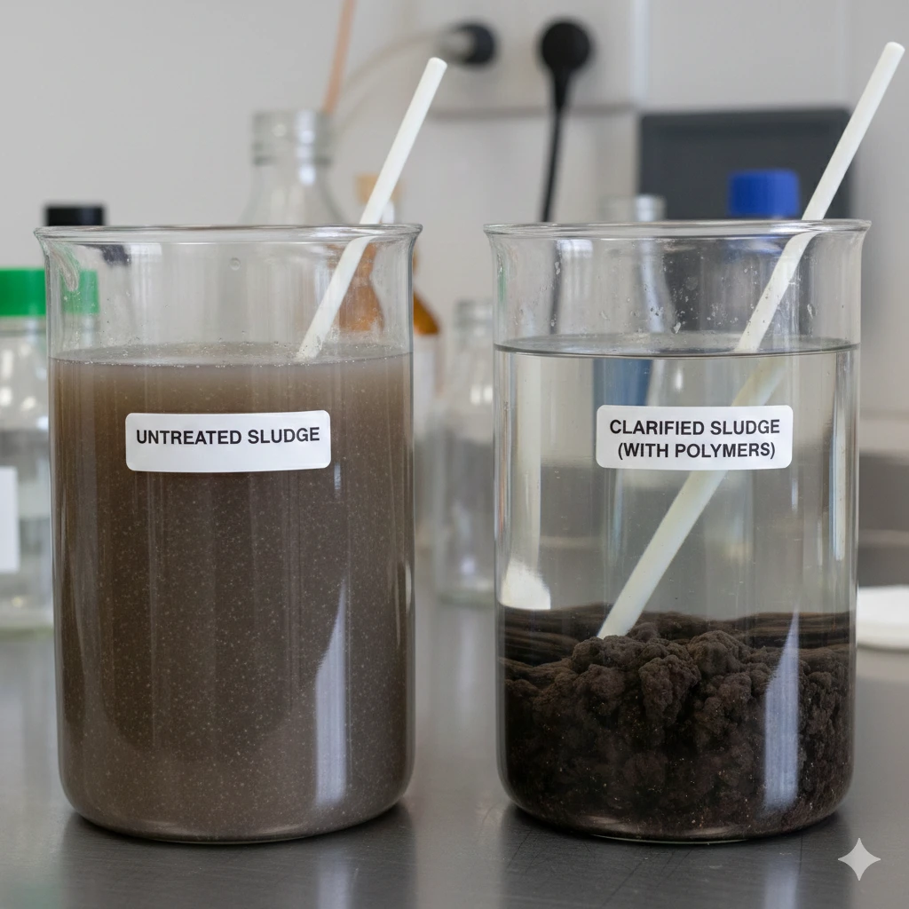 polymers two beakers: one with sludge, one with clarified sludge using polymers